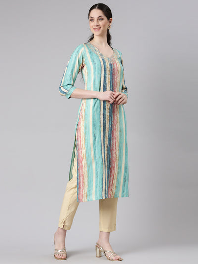 Neerus Sea Green Straight Casual Panelled Straight Kurtas