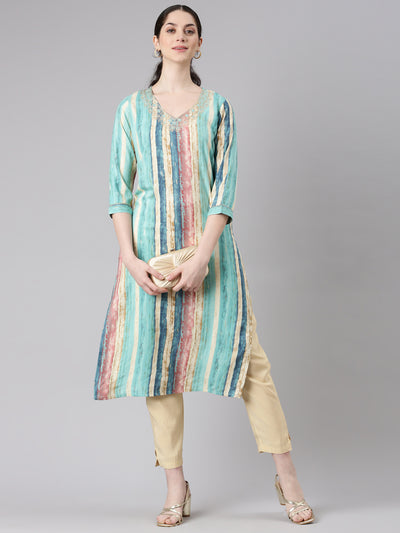 Neerus Sea Green Straight Casual Panelled Straight Kurtas