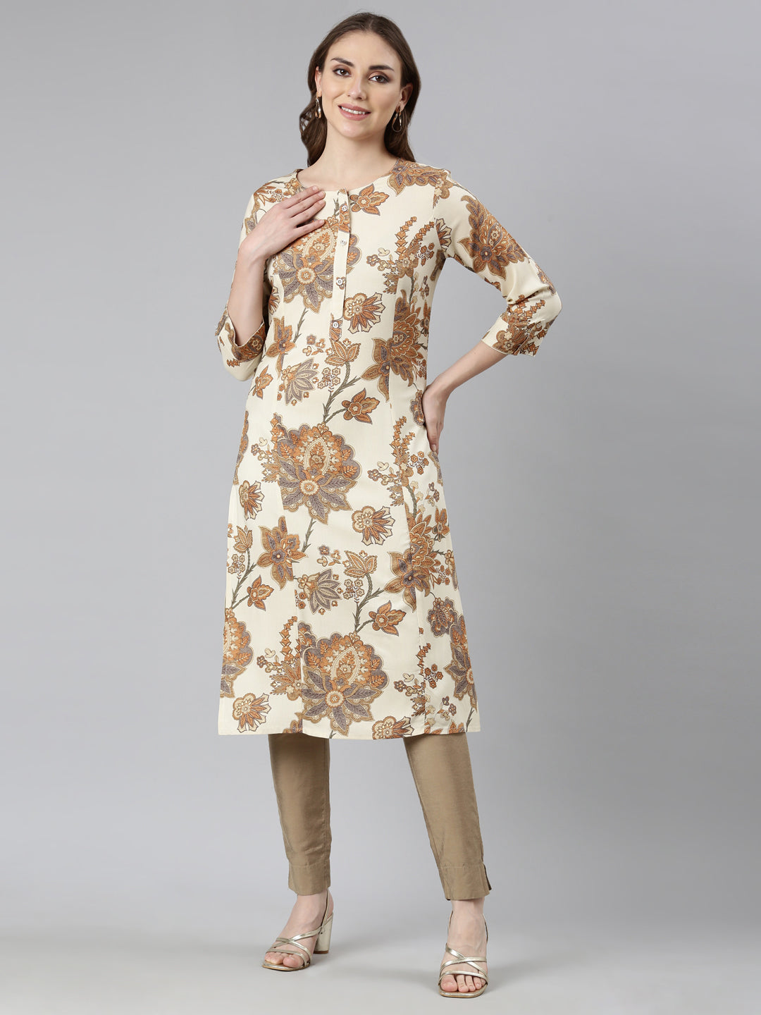 Neerus Cream Panelled Straight Floral Kurtas