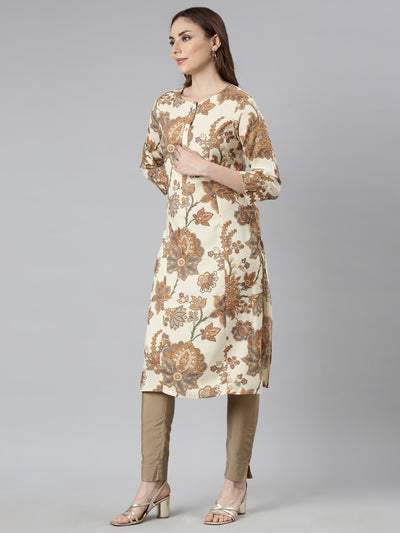 Neerus Cream Panelled Straight Floral Kurtas