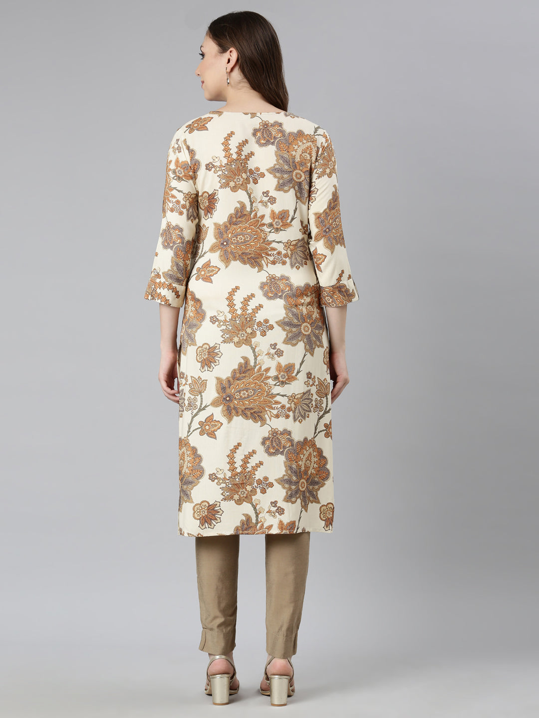 Neerus Cream Panelled Straight Floral Kurtas