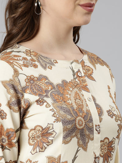 Neerus Cream Panelled Straight Floral Kurtas