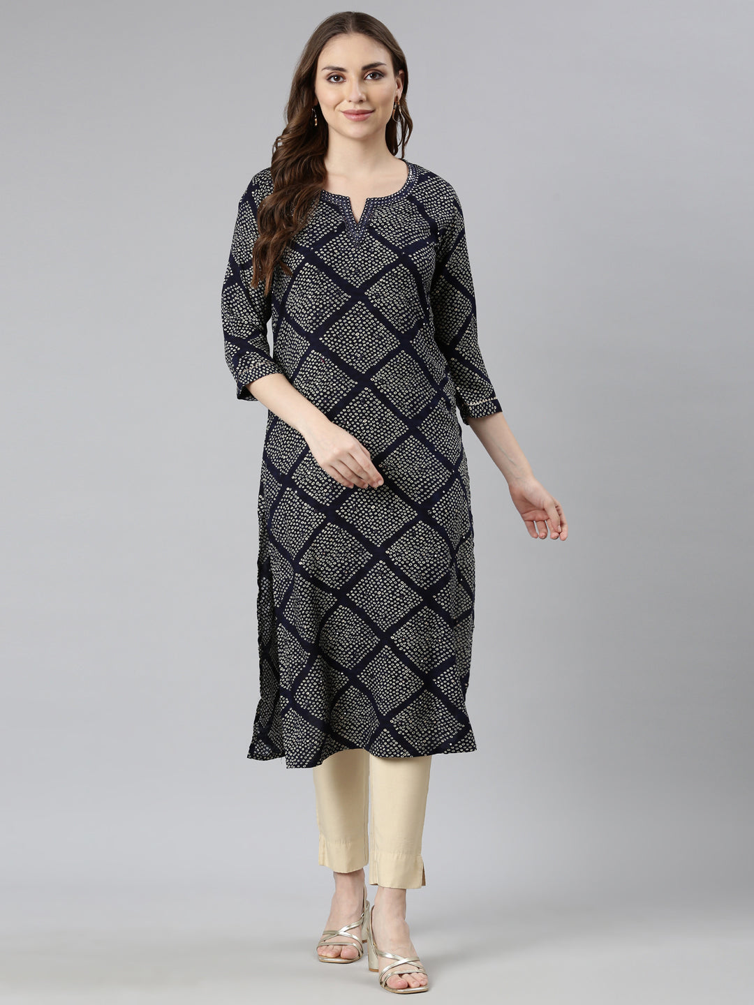 Neerus Navy Blue Panelled Straight Bandhani Kurtas