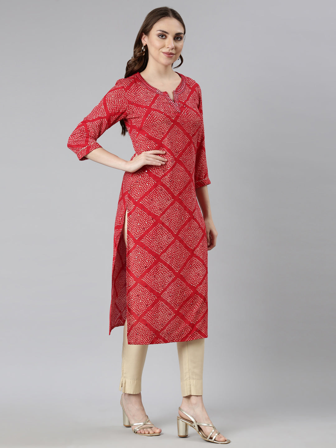 Neerus Red Panelled Straight Bandhani Kurtas