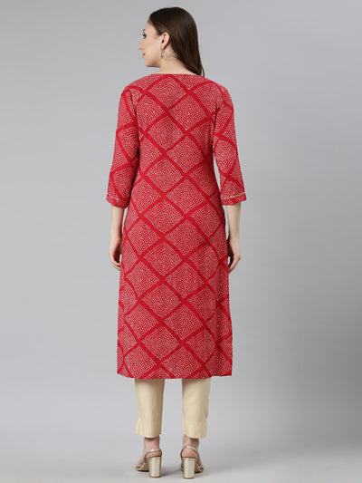 Neerus Red Panelled Straight Bandhani Kurtas