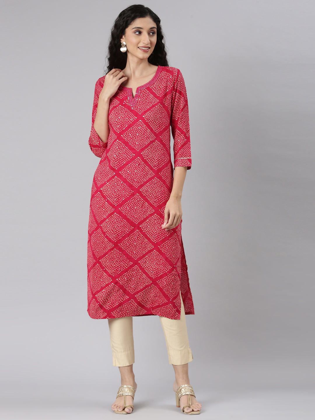 Neerus Pink Straight Casual Bandhani Straight Kurtas