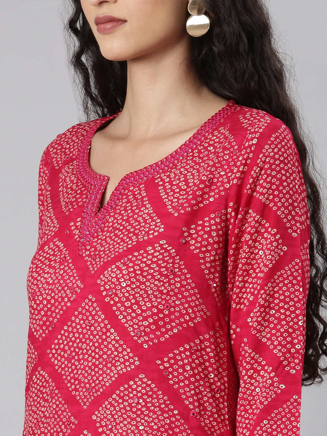 Neerus Pink Straight Casual Bandhani Straight Kurtas