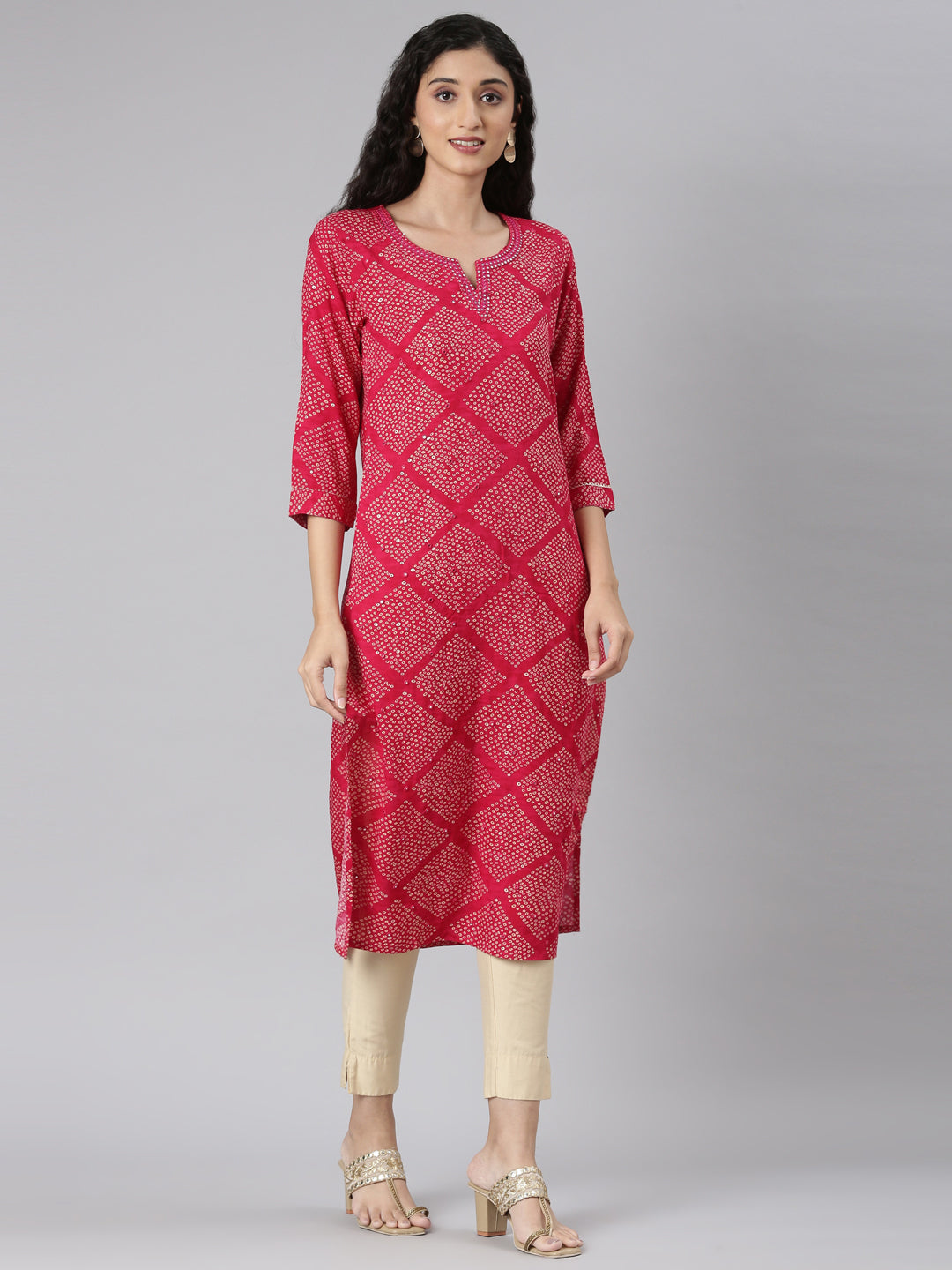 Neerus Pink Straight Casual Bandhani Straight Kurtas