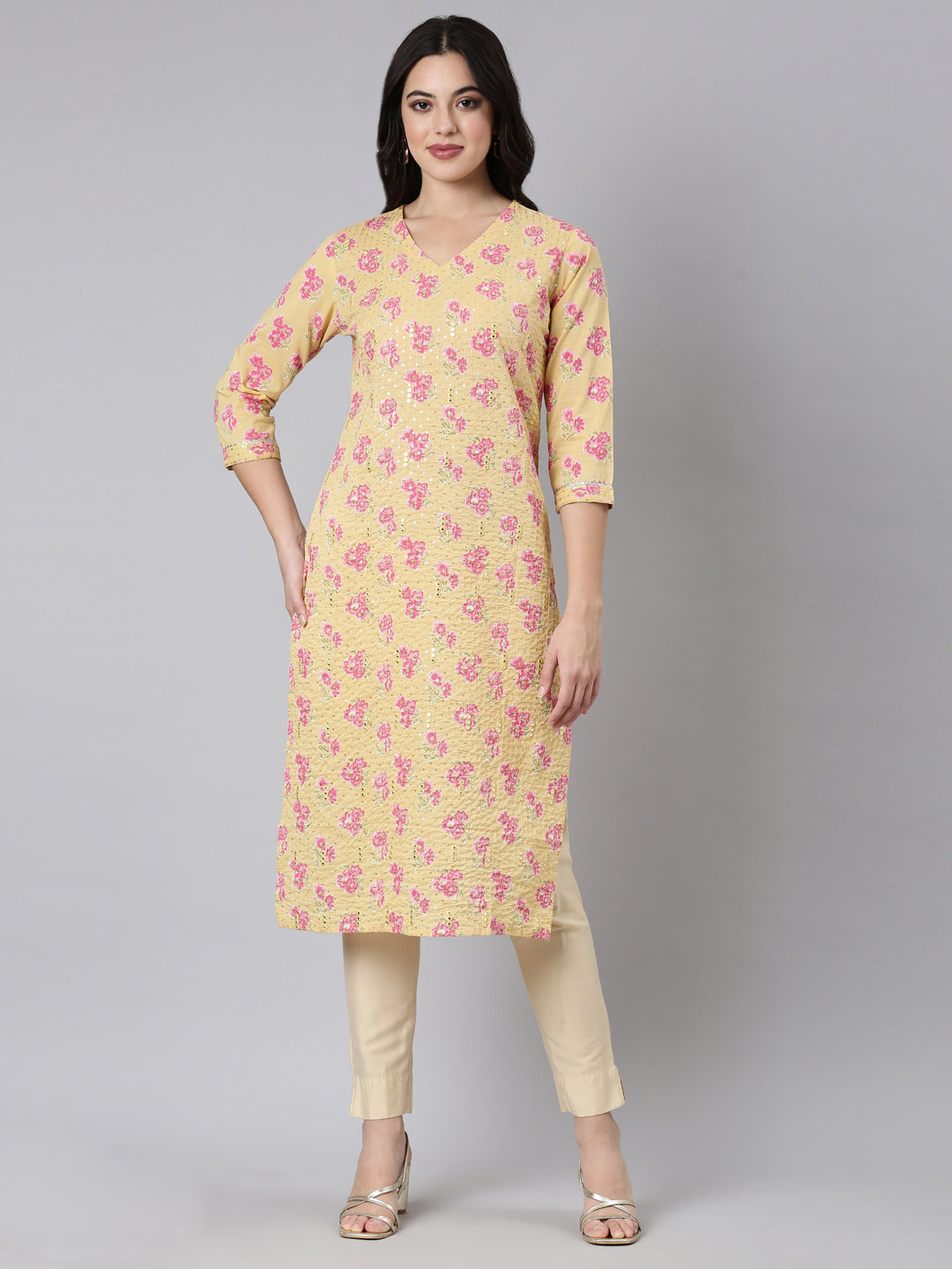 Neerus Yellow Panelled Straight Floral Kurtas