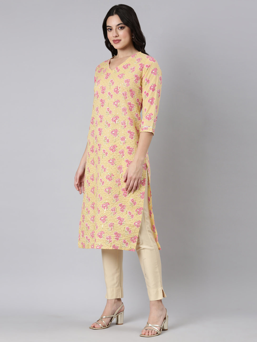 Neerus Yellow Panelled Straight Floral Kurtas