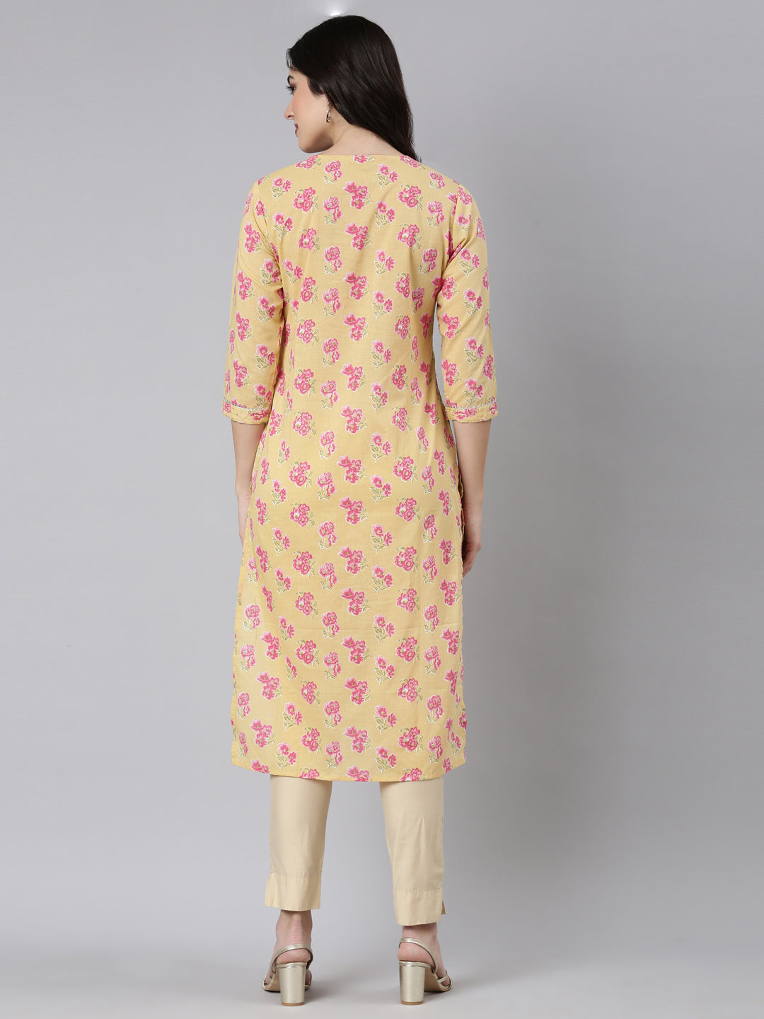 Neerus Yellow Panelled Straight Floral Kurtas