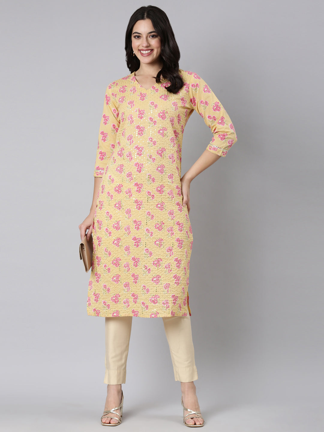 Neerus Yellow Panelled Straight Floral Kurtas