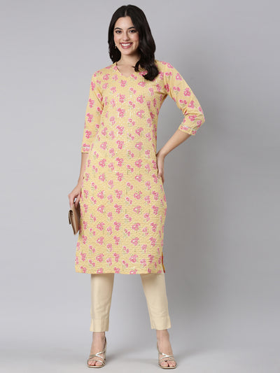 Neerus Yellow Panelled Straight Floral Kurtas