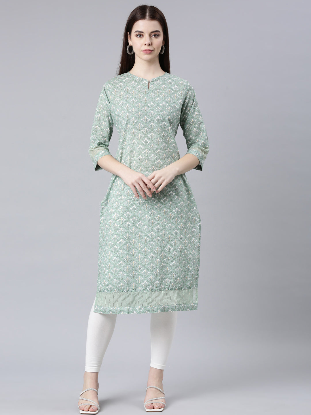 Neerus Green Straight Casual Floral Straight Kurtas