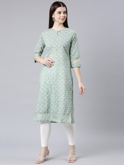 Neerus Green Straight Casual Floral Straight Kurtas