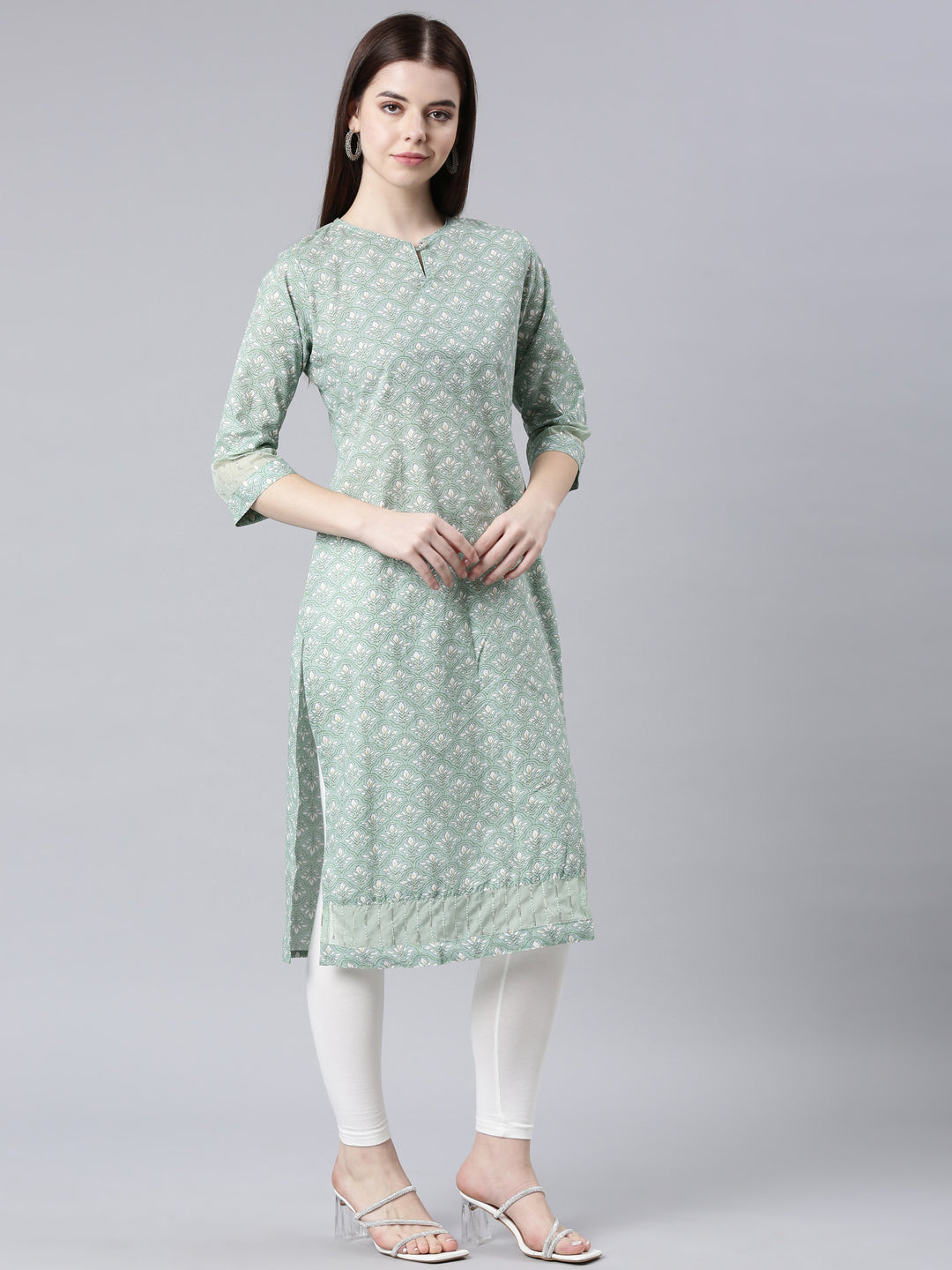 Neerus Green Straight Casual Floral Straight Kurtas