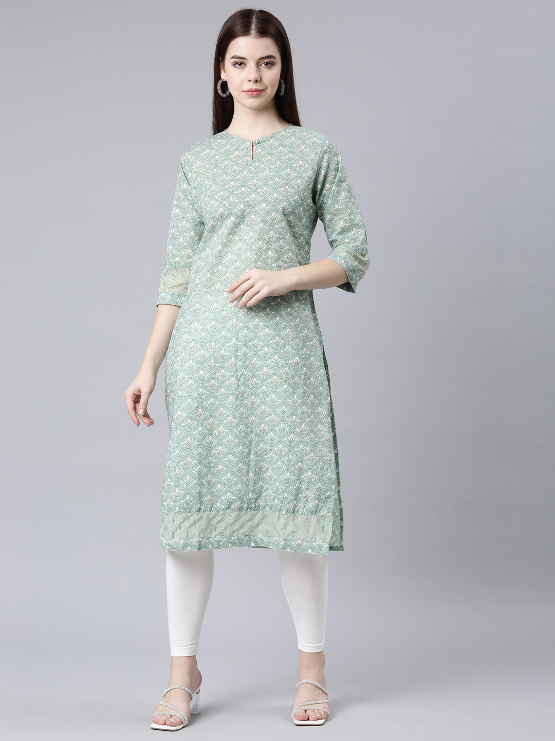 Neerus Green Straight Casual Floral Straight Kurtas