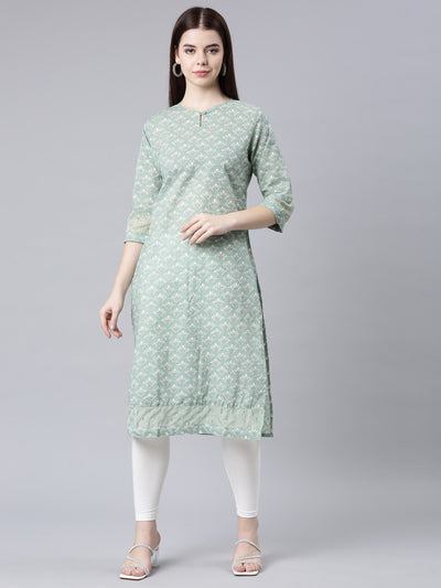 Neerus Green Straight Casual Floral Straight Kurtas