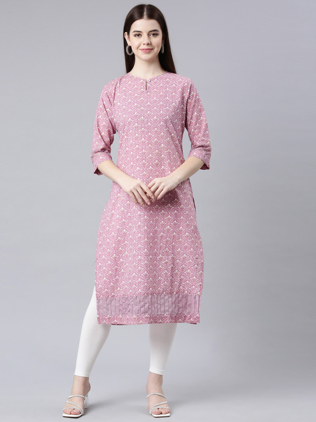 Neerus Pink Straight Casual Floral Straight Kurtas