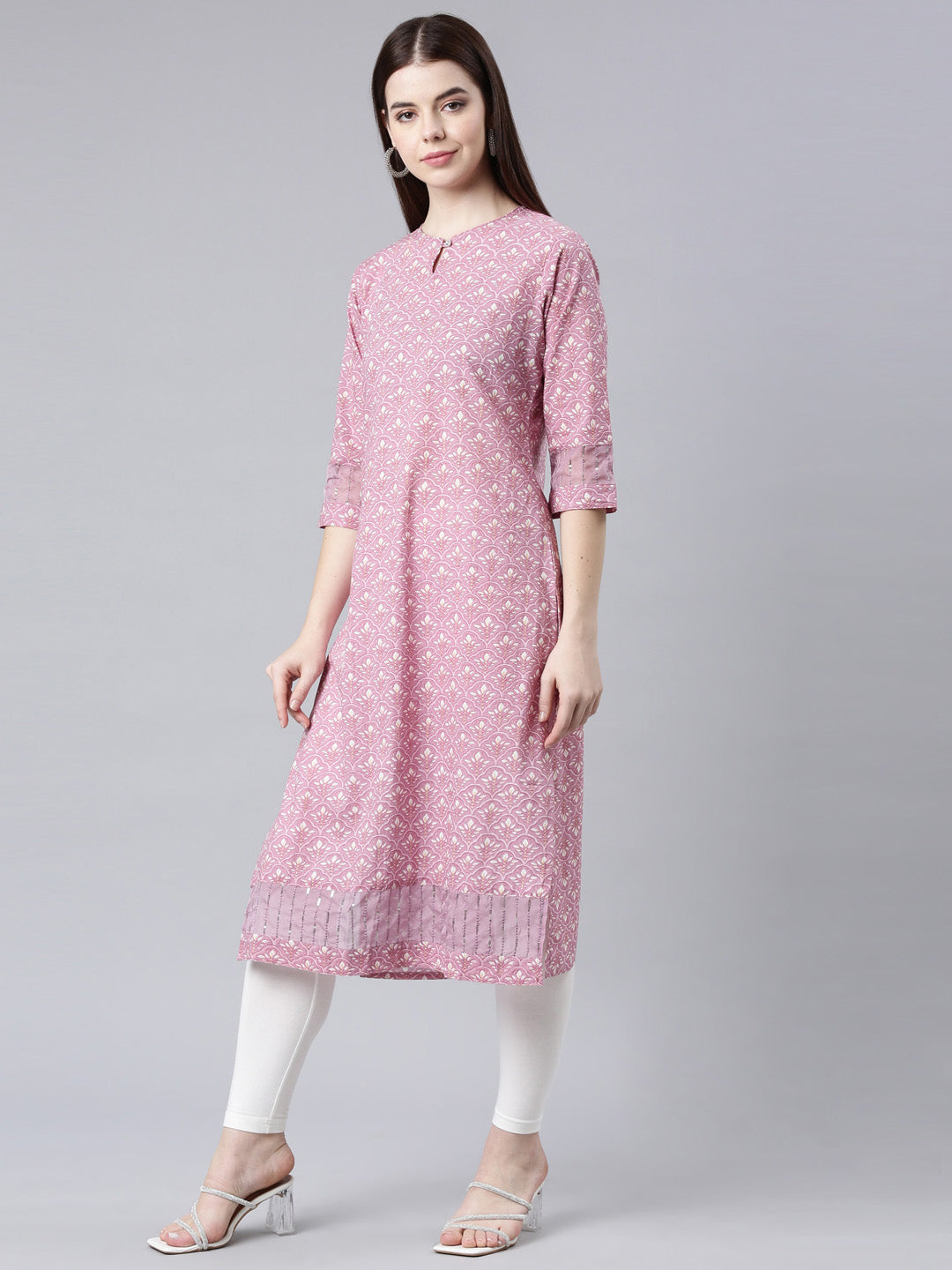 Neerus Pink Straight Casual Floral Straight Kurtas