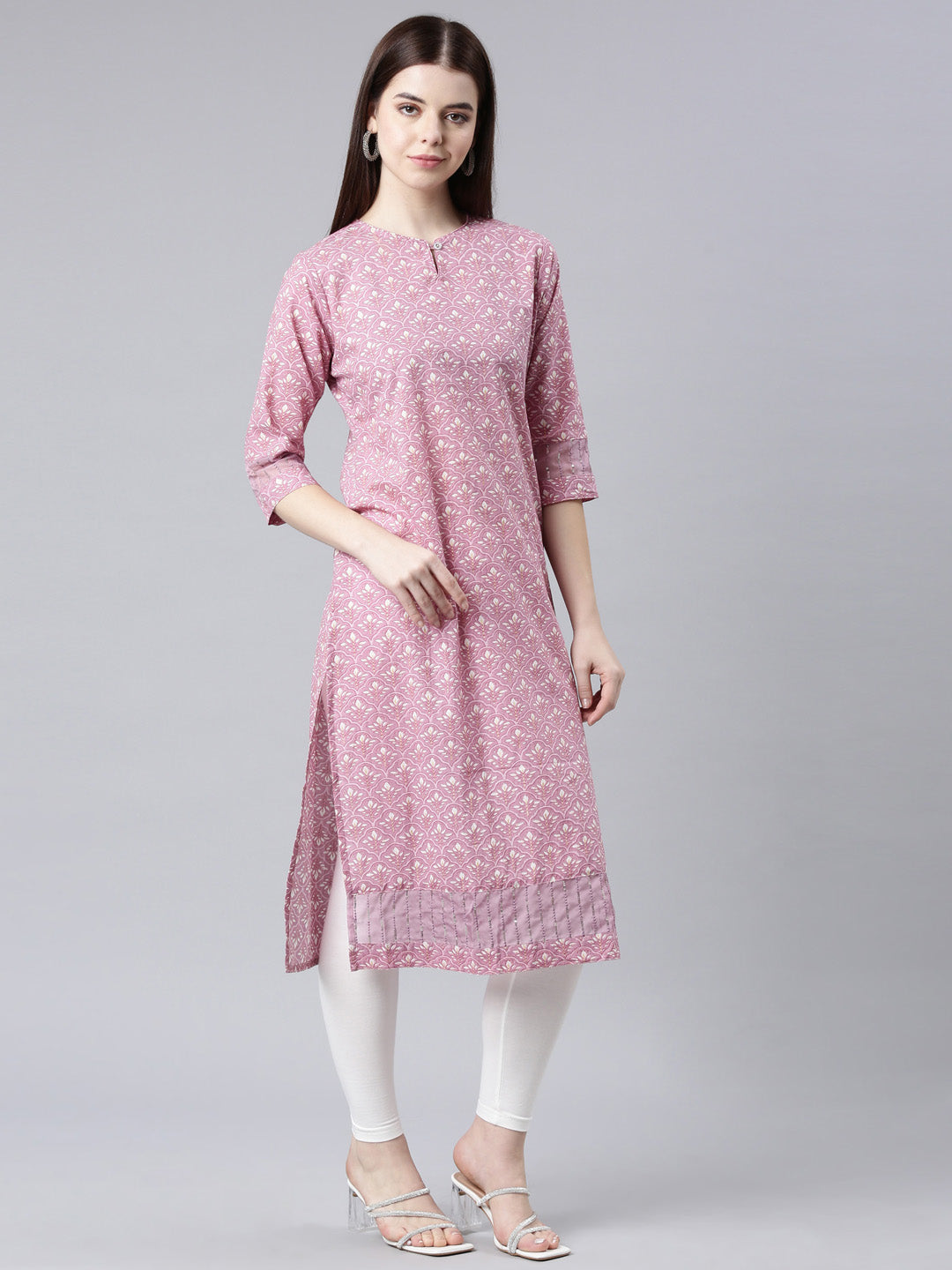 Neerus Pink Straight Casual Floral Straight Kurtas