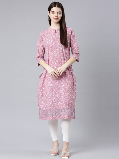 Neerus Pink Straight Casual Floral Straight Kurtas