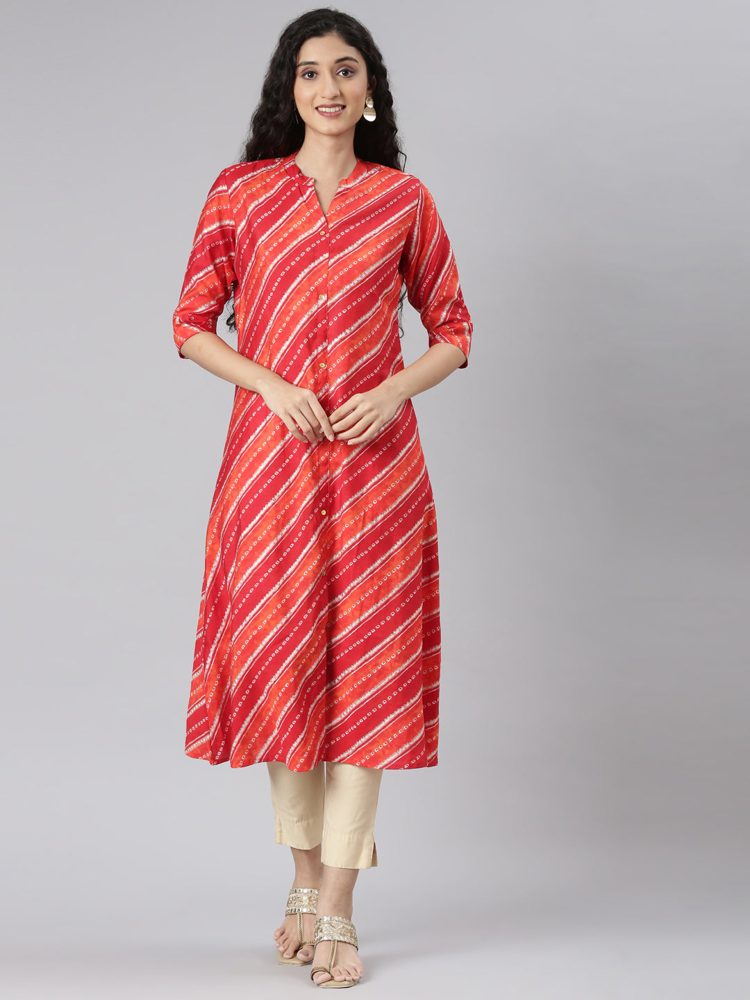 Neerus Orange Straight Casual Striped Straight Kurtas