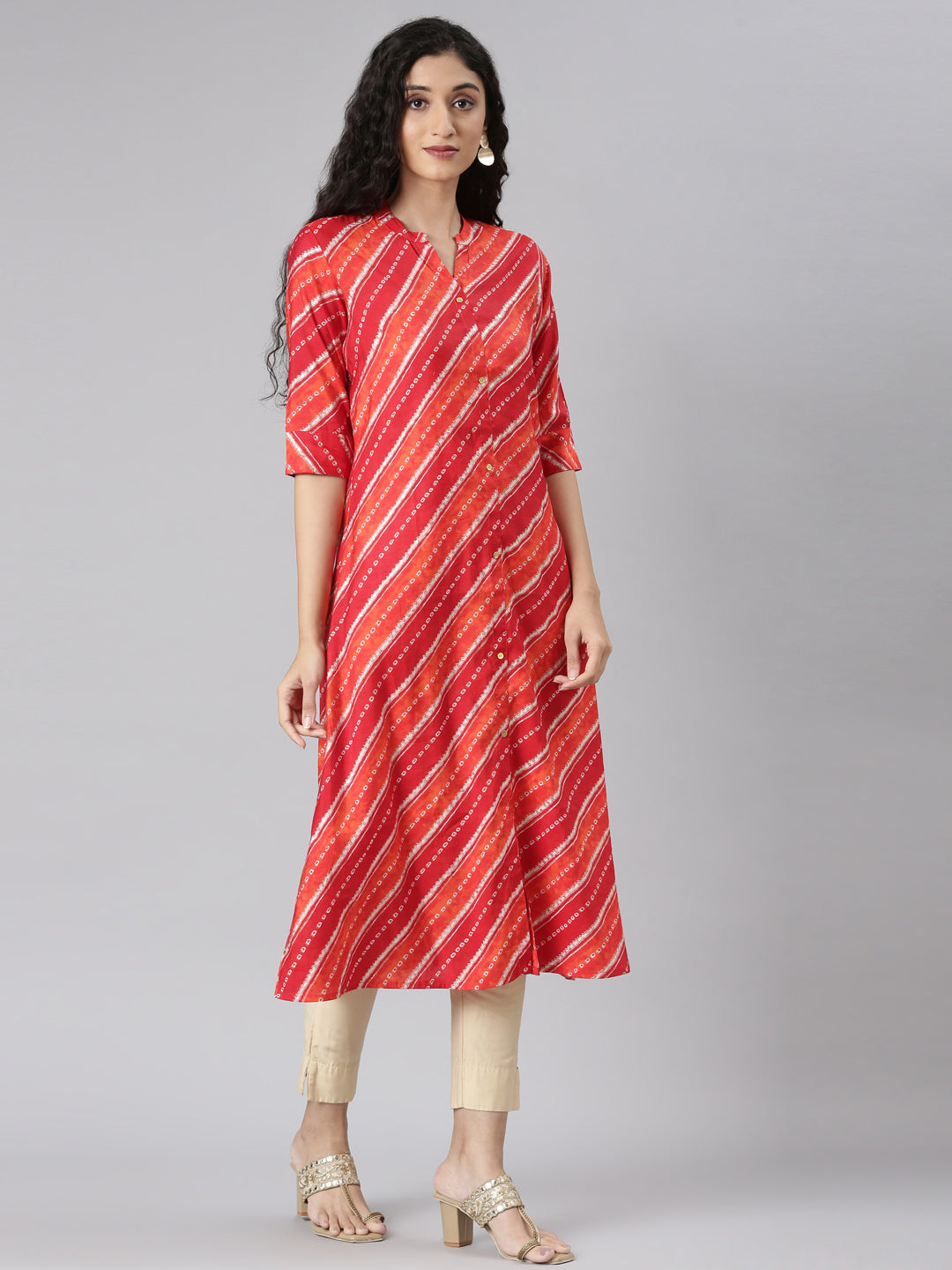 Neerus Orange Straight Casual Striped Straight Kurtas