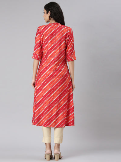 Neerus Orange Straight Casual Striped Straight Kurtas