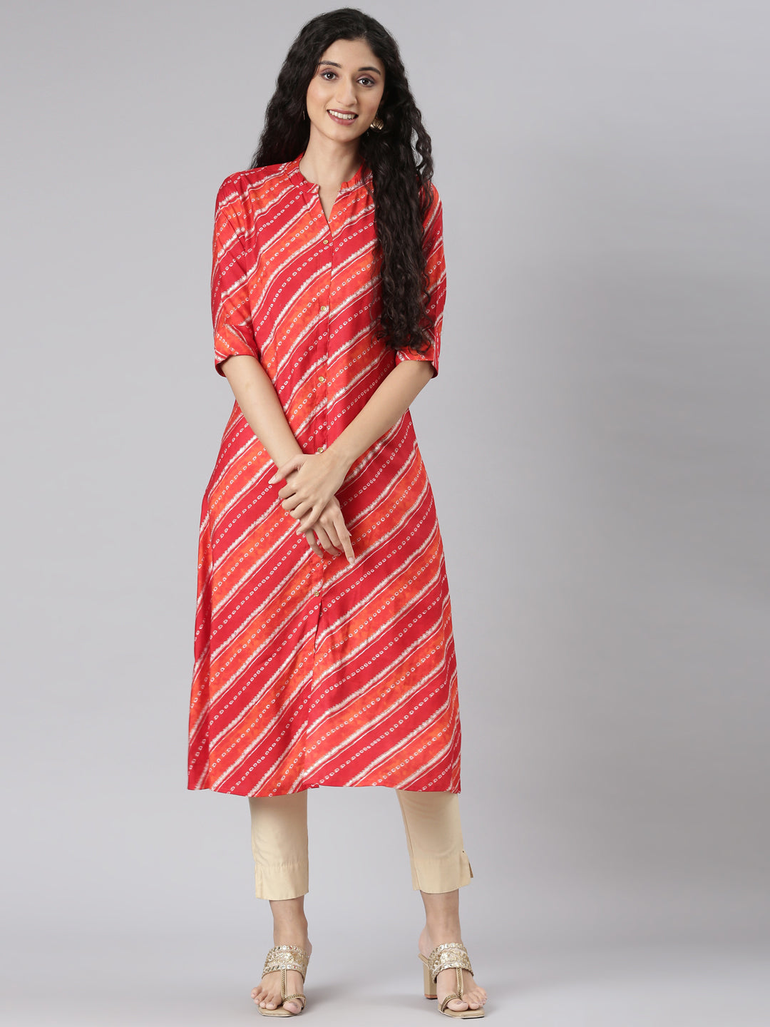 Neerus Orange Straight Casual Striped Straight Kurtas