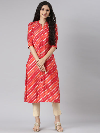 Neerus Orange Straight Casual Striped Straight Kurtas