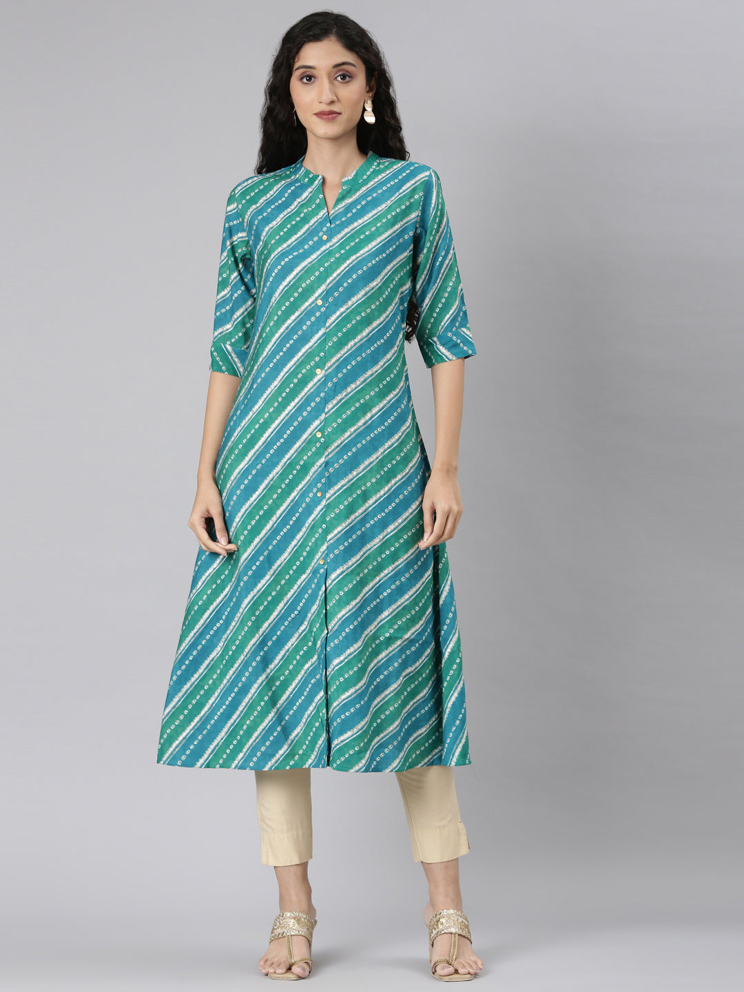 Neerus Green Straight Casual Striped Straight Kurtas