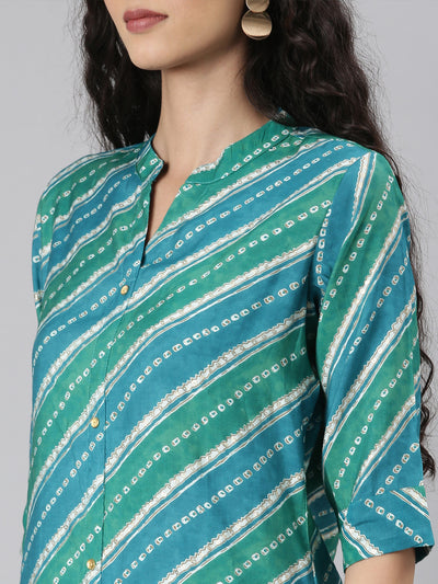 Neerus Green Straight Casual Striped Straight Kurtas