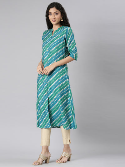 Neerus Green Straight Casual Striped Straight Kurtas