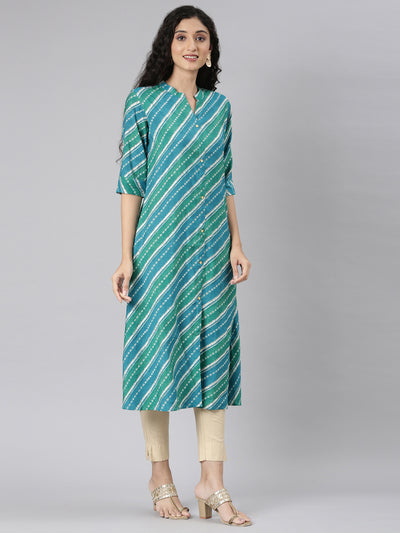 Neerus Green Straight Casual Striped Straight Kurtas