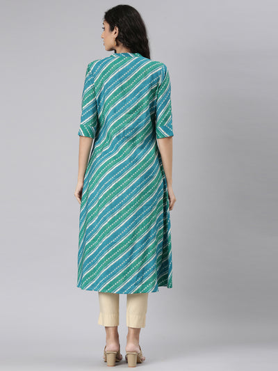 Neerus Green Straight Casual Striped Straight Kurtas