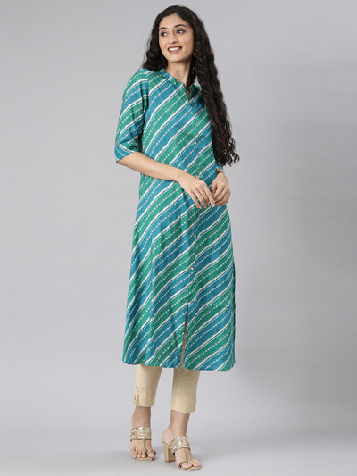 Neerus Green Straight Casual Striped Straight Kurtas