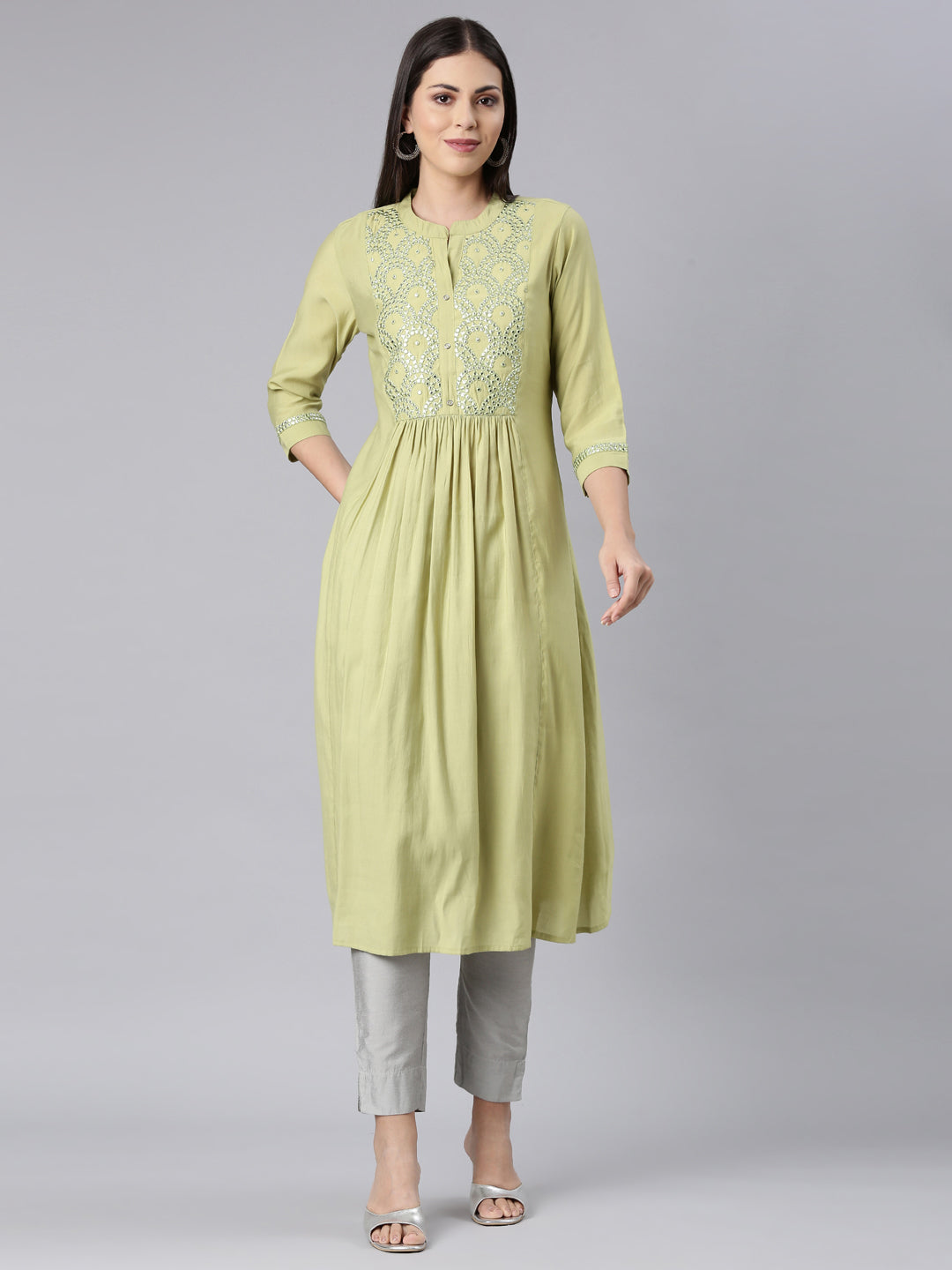 Neerus Green Straight Casual Solid Anarkali Kurtas