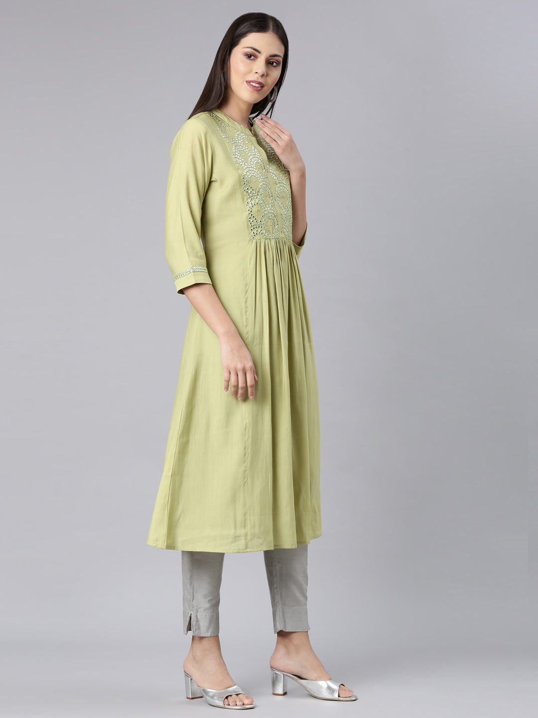 Neerus Green Straight Casual Solid Anarkali Kurtas