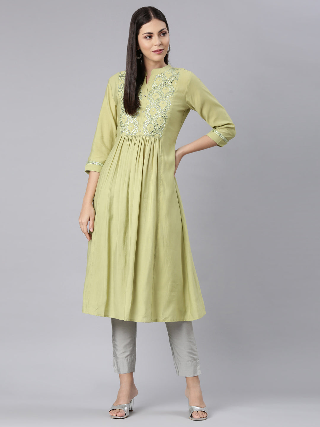 Neerus Green Straight Casual Solid Anarkali Kurtas