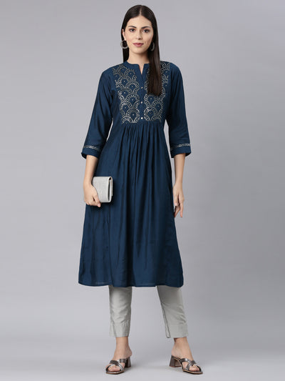 Neerus Blue Straight Casual Solid Anarkali Kurtas