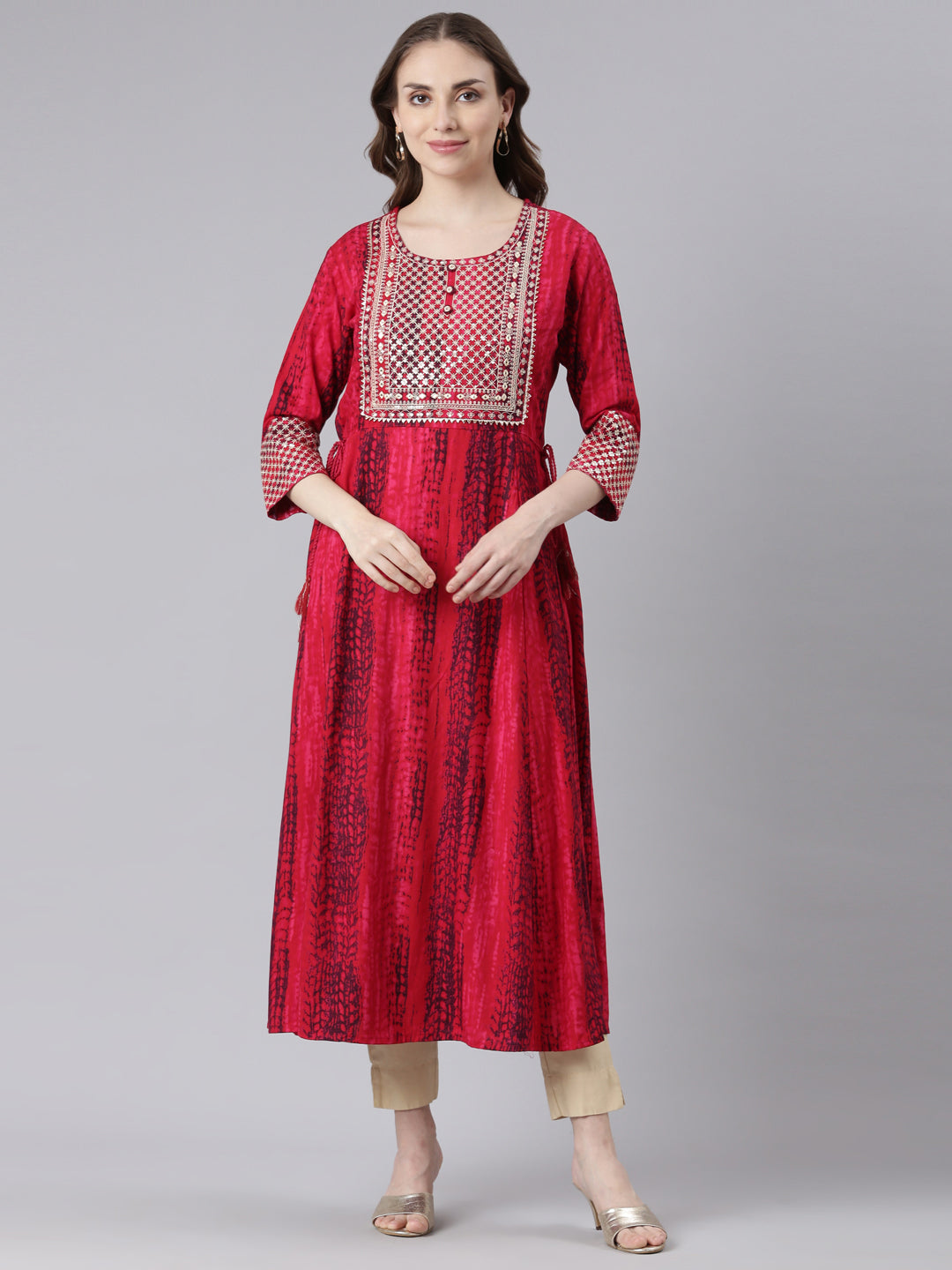 Neerus Pink Rayon Curved Casual Ethnic Motifs Anarkali Kurtas.