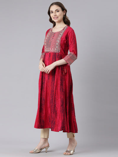 Neerus Pink Rayon Curved Casual Ethnic Motifs Anarkali Kurtas.