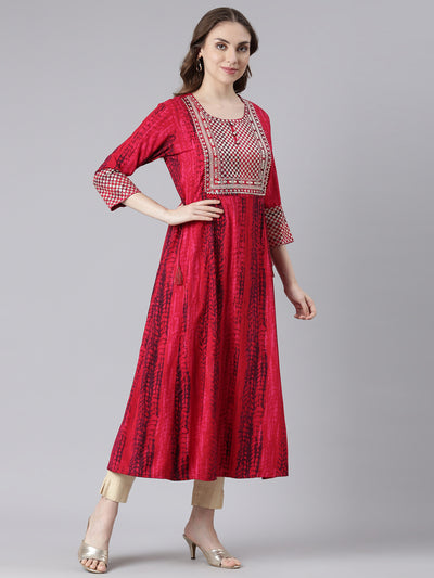 Neerus Pink Rayon Curved Casual Ethnic Motifs Anarkali Kurtas.