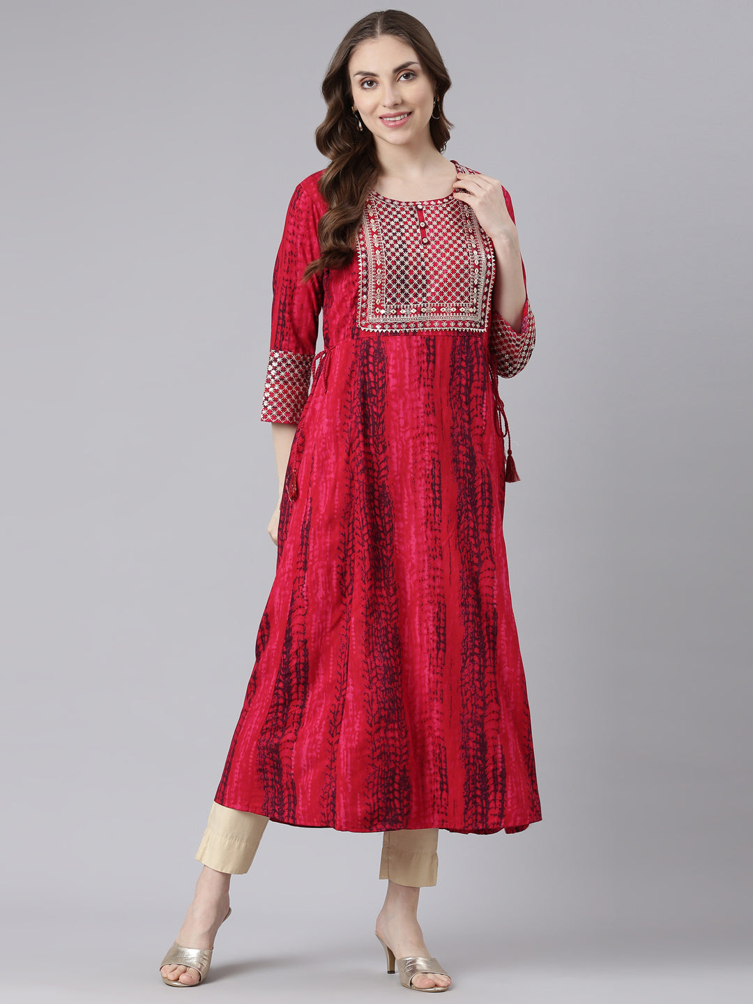 Neerus Pink Rayon Curved Casual Ethnic Motifs Anarkali Kurtas.