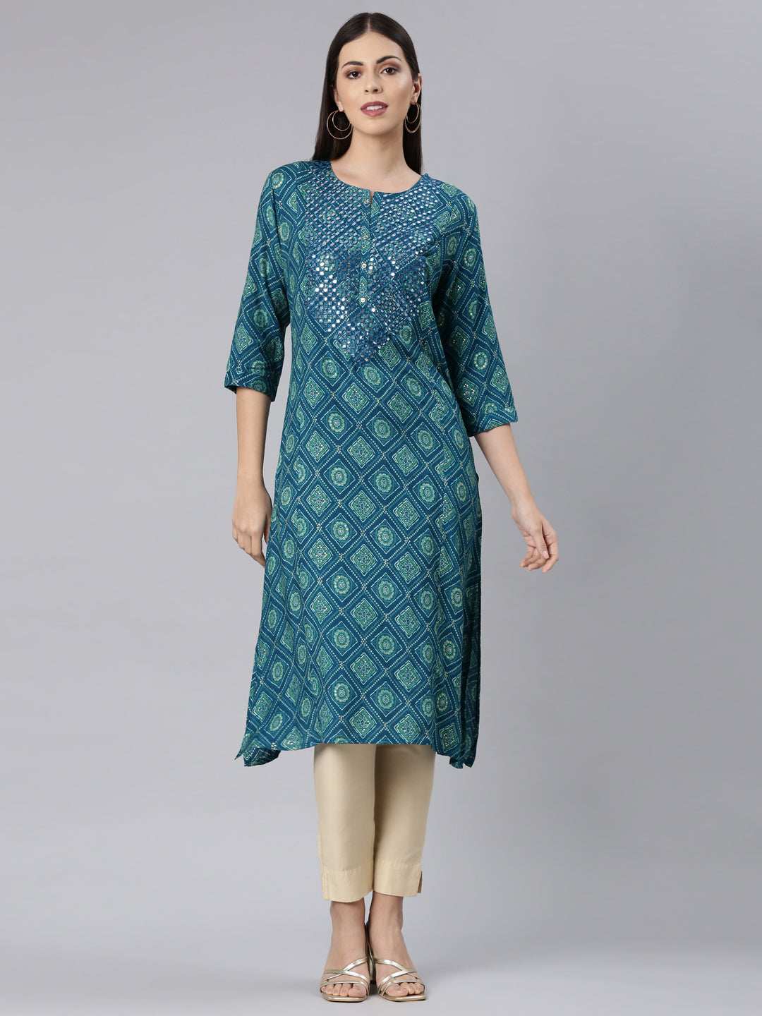 Neerus Blue Straight Casual Bandhani Straight Kurtas