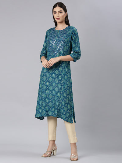 Neerus Blue Straight Casual Bandhani Straight Kurtas