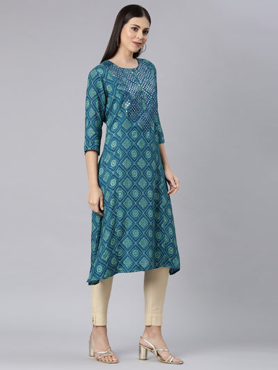 Neerus Blue Straight Casual Bandhani Straight Kurtas