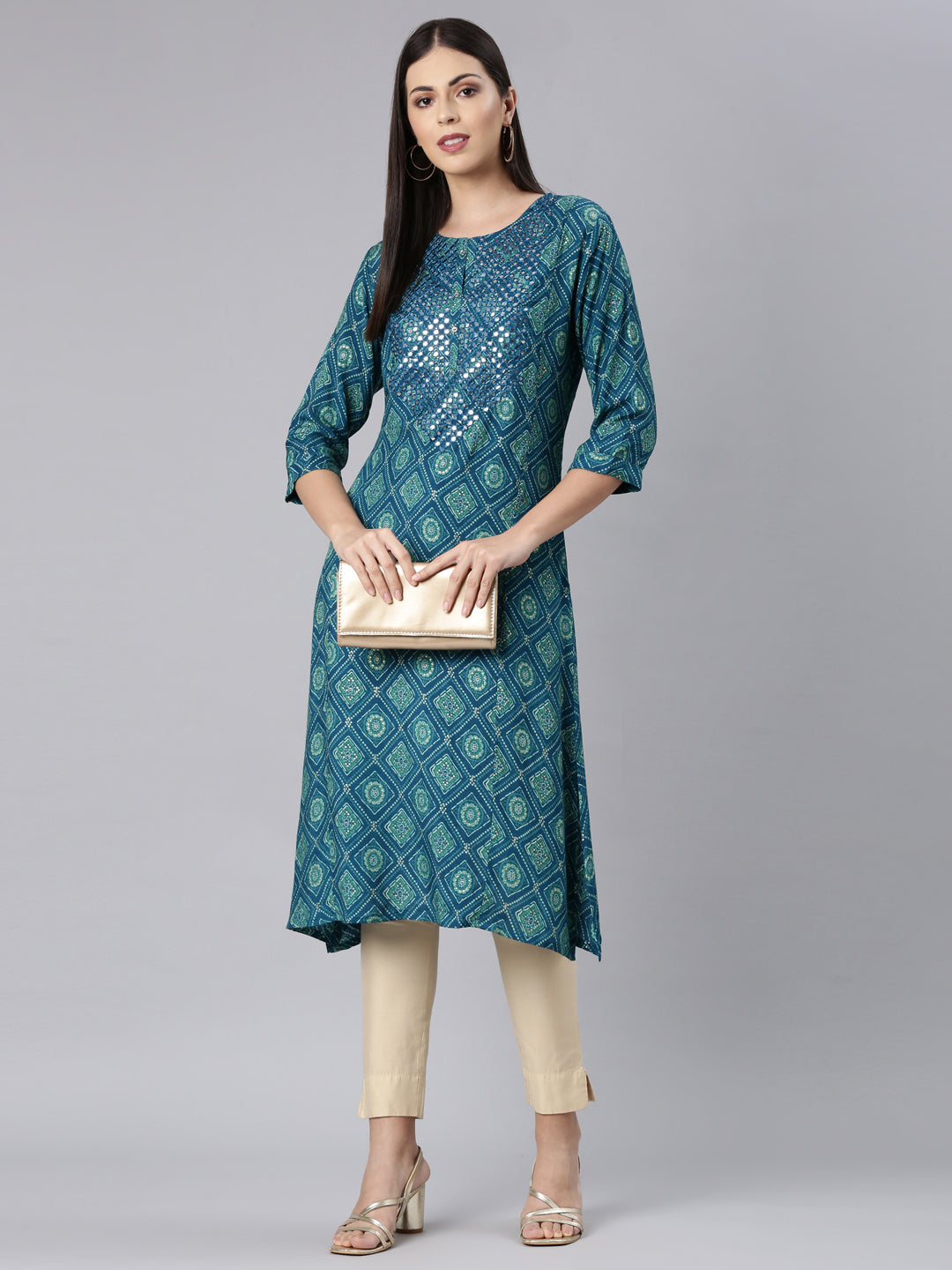 Neerus Blue Straight Casual Bandhani Straight Kurtas