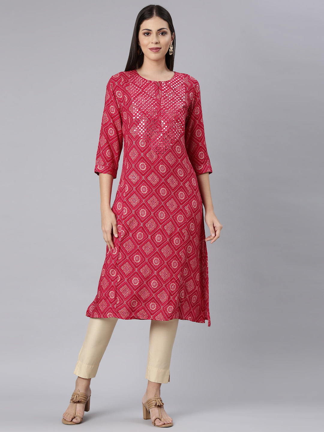 Neerus Red Straight Casual Bandhani Straight Kurtas